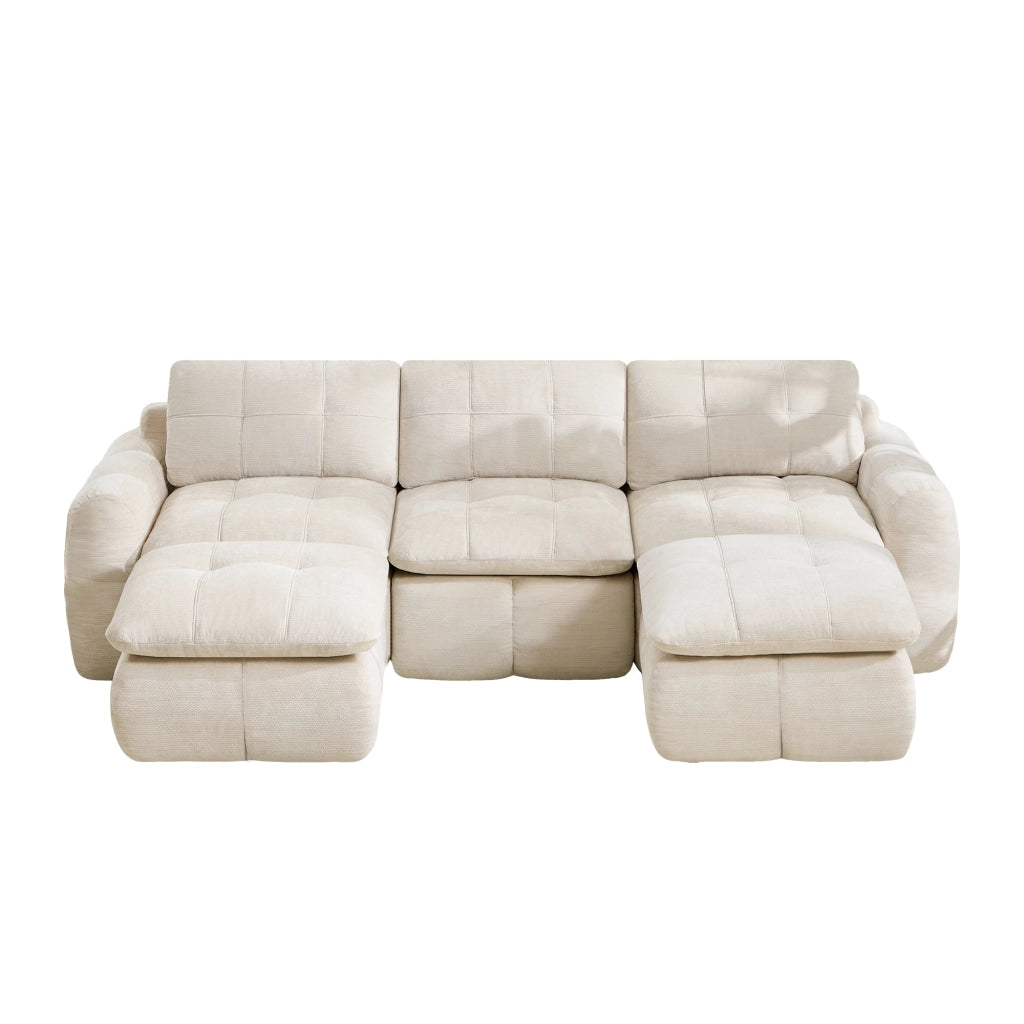 Divano modulare a U 3 posti - con pouf e struttura senza telaio - in chenille beige