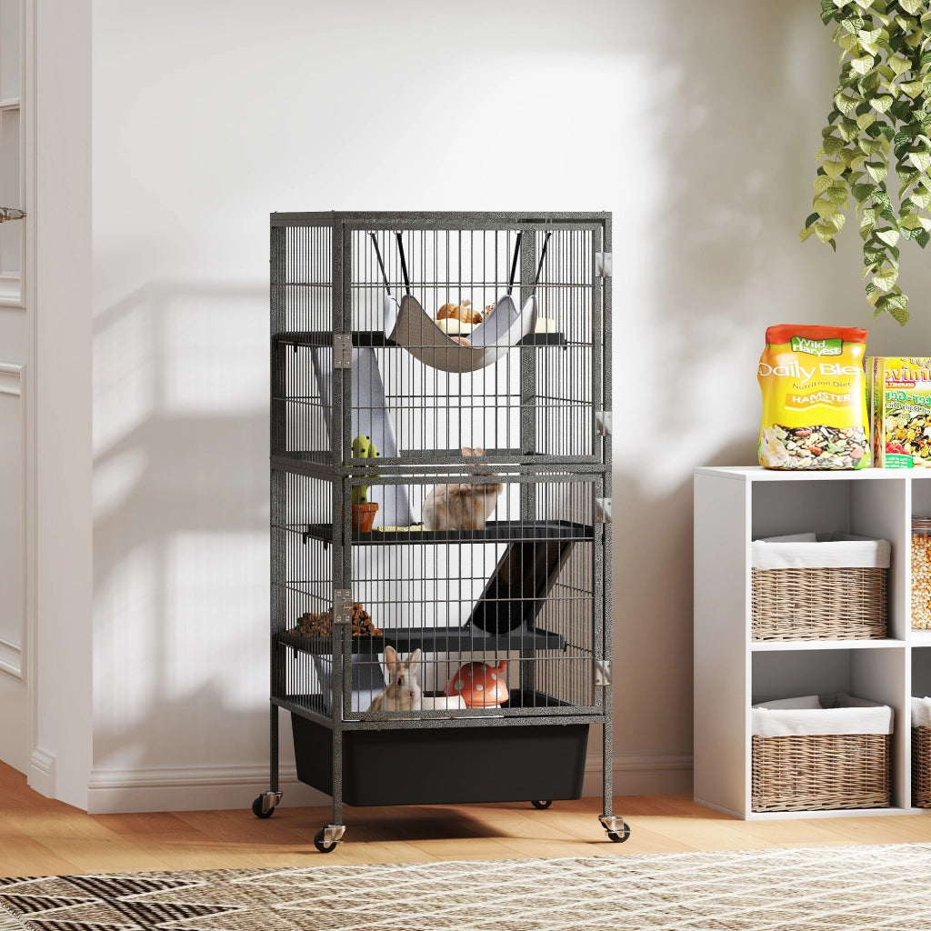 Gabbia per Piccoli Animali a 4 Livelli con Rampe, Piattaforme, Amaca e Ruote, 52x52x115 cm, Grigio