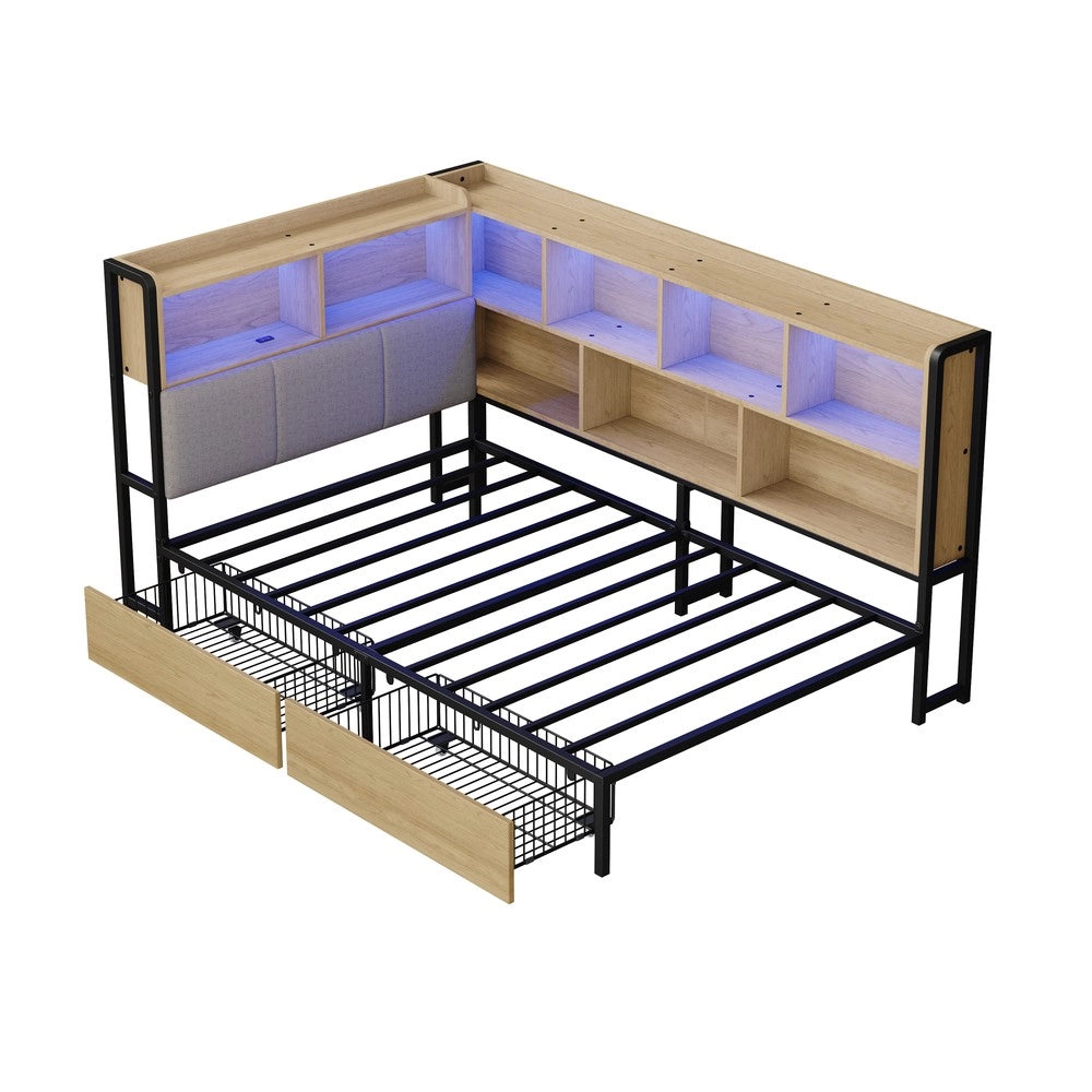 Letto Imbottito con LED e Cassetti ¨C Xylo ¨C 90x200, Metallo, Naturale