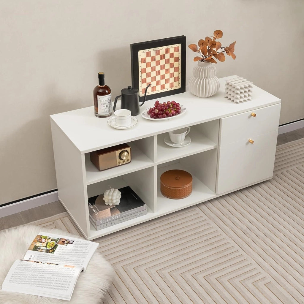Mobile Contenitore, Mobile TV Moderno per TV da 49” con 4 Scomparti Aperti e 2 Cassetti, Consolle Multimediale, Organizzatore Salvaspazio per Soggiorno Ufficio Camera da Letto, Bianco