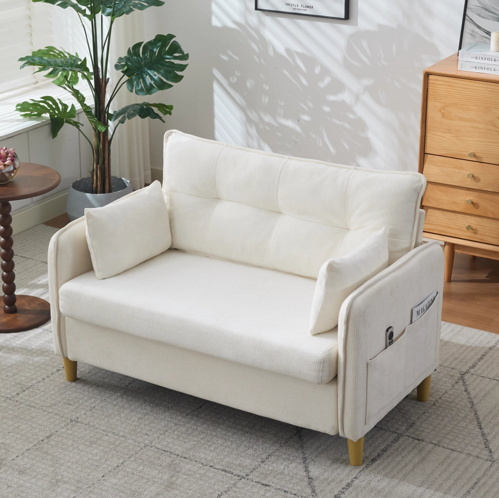 Divano a 2 posti beige con braccioli e tasche laterali