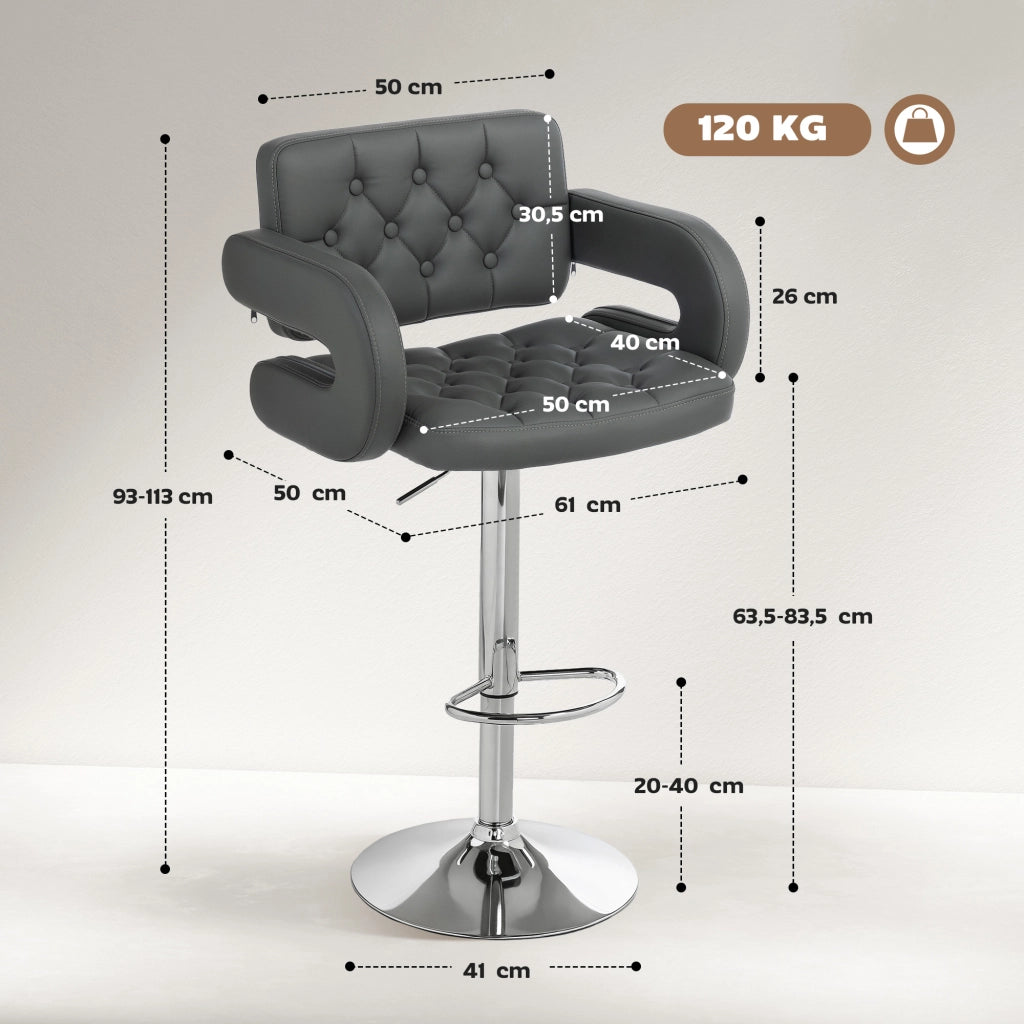Sgabello da Bar Regolabile 61x50x93-113 cm Seduta Extra Large Girevole in Similpelle PU Grigio