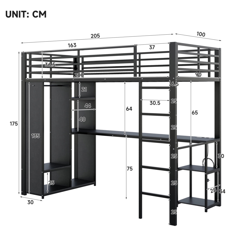 Letto a soppalco 90x200 cm in metallo e MDF nero con scrivania; LED e scaffali