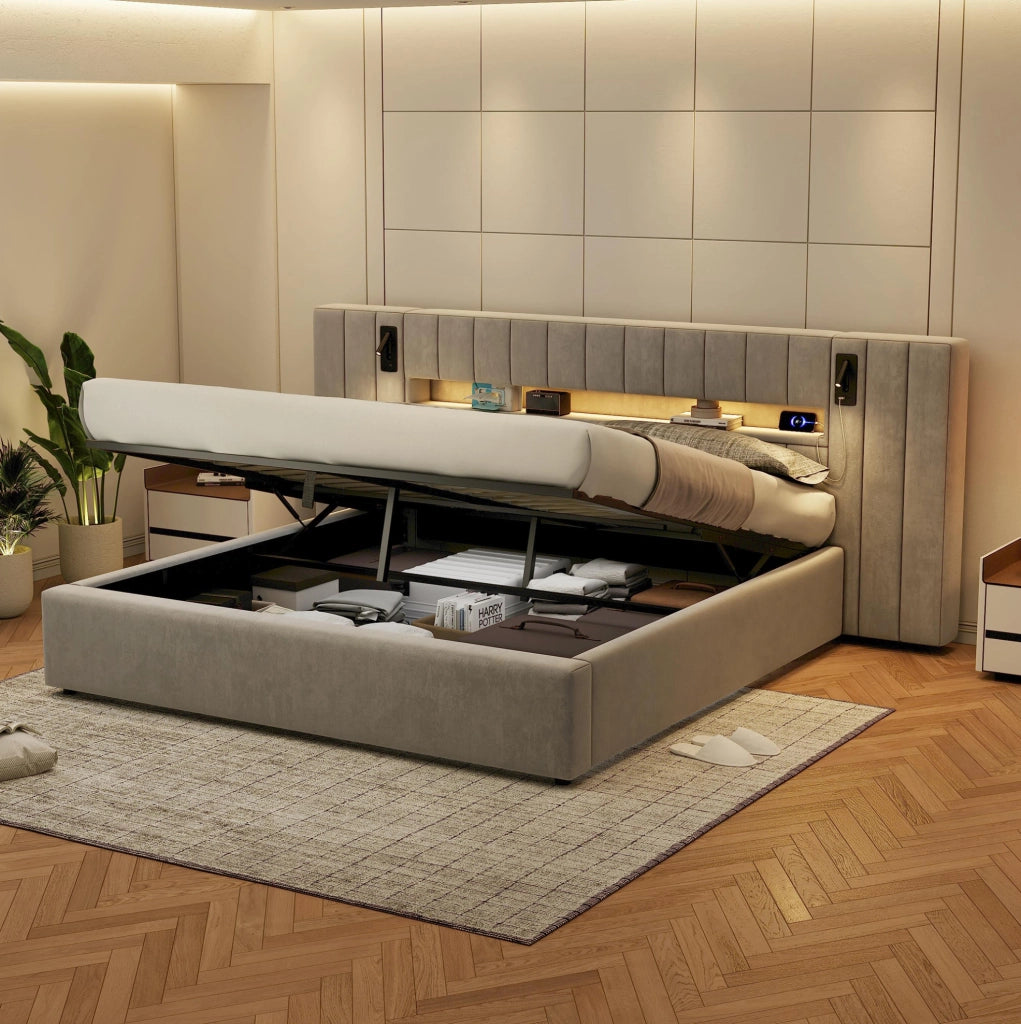 Letto matrimoniale contenitore 180x200 cm con USB; LED e lampada; velluto grigio (Senza materasso)
