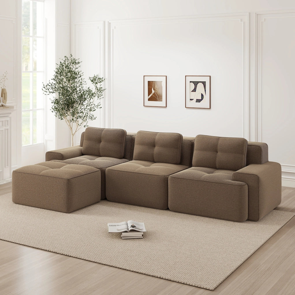 Divano modulare boneless in velluto a coste; 293x177x69 cm; marrone