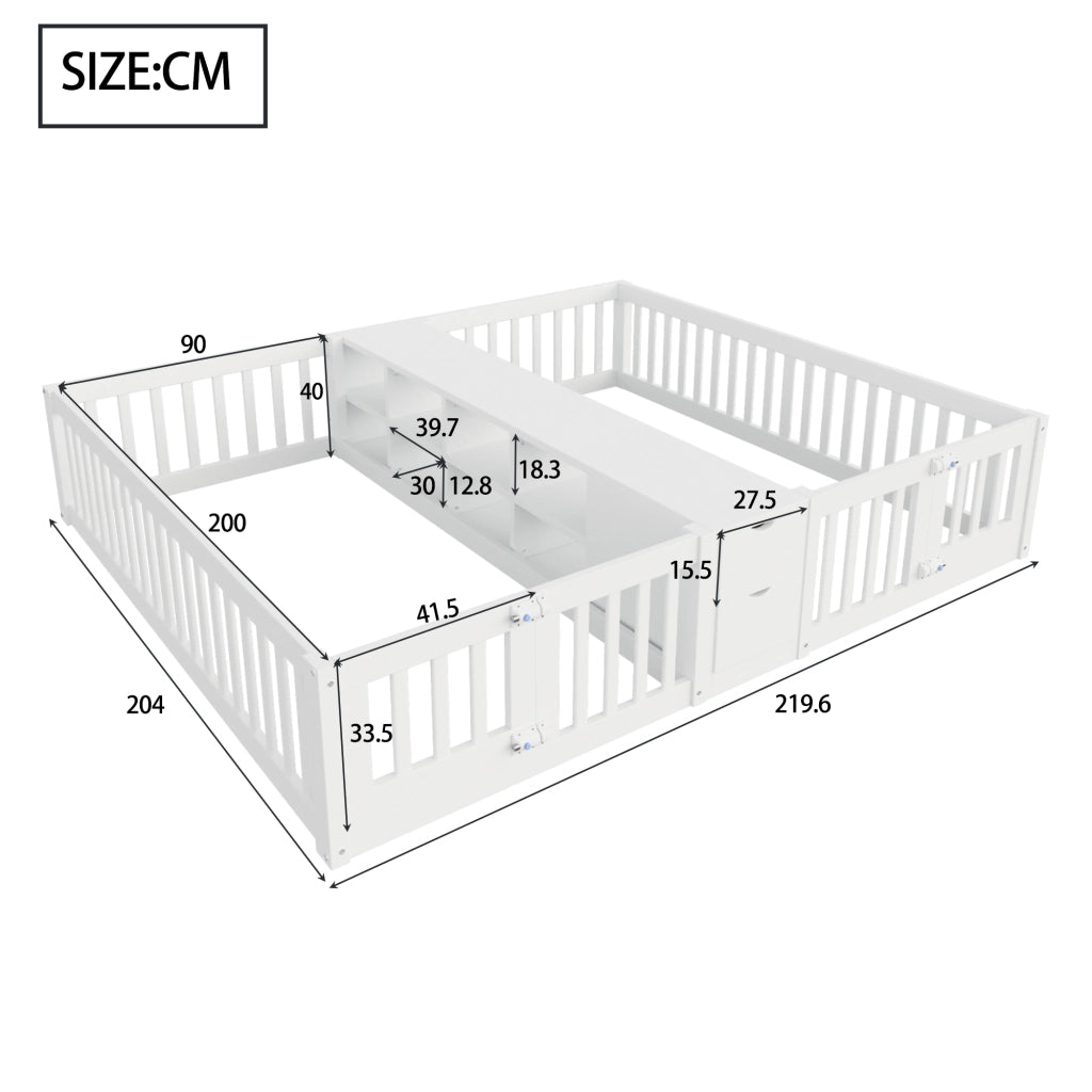 LETTO Doppio 90x200 cm in legno bianco con scaffale e 2 cassetti