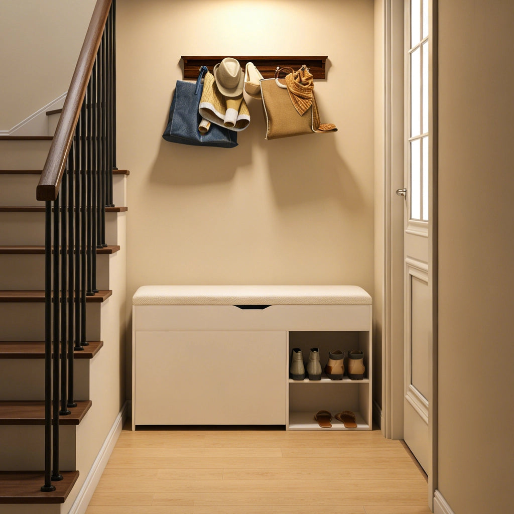 Scarpiera con seduta e vano interno girevole con coperchio apribile per ingresso e soggiorno in MDF bianco 100 × 30 × 52 cm