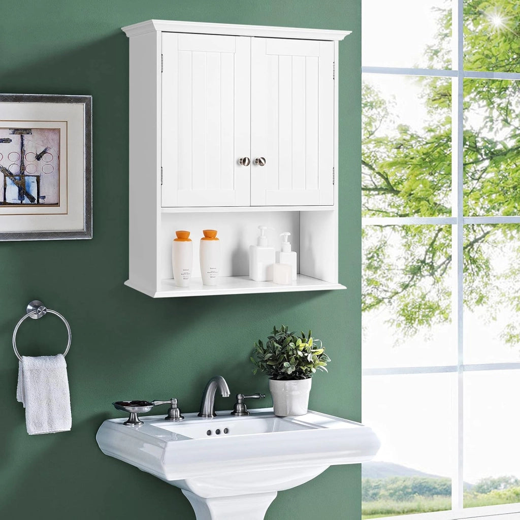 Mobile da Bagno a Parete, Armadietto Bagno in Legno con Ante e Ripiani, Mobile Multiuso per Bagno, Cucina, Camera da Letto, 60 cm x 19 cm x 71 cm, Bianco