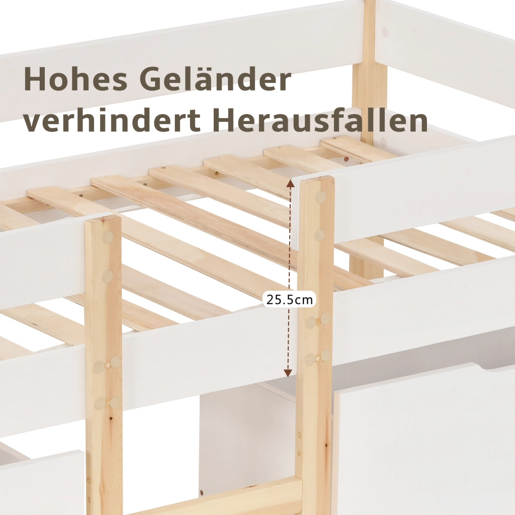 DESMIU Letto a soppalco per bambini 90 × 200 cm 1 piazza con cassetto, sponda di sicurezza e scala, senza materasso, bianco