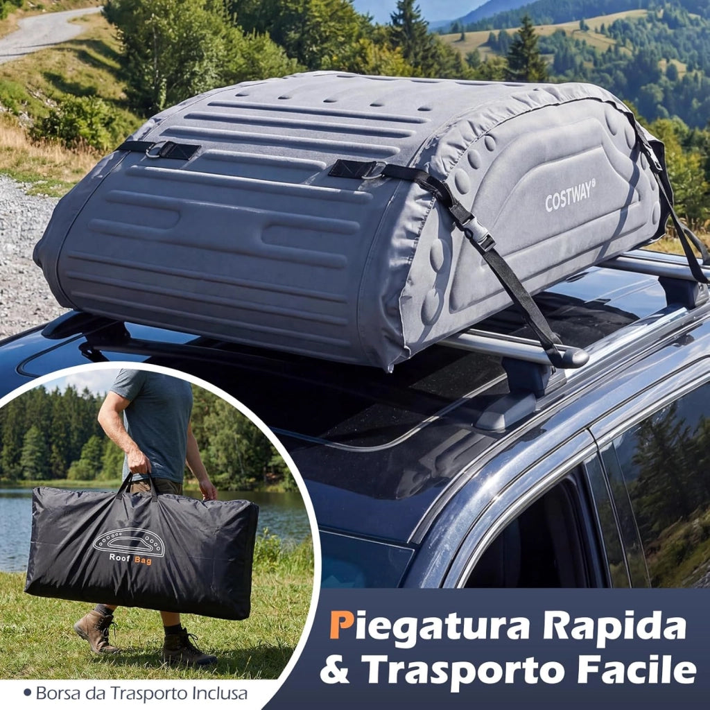 Borsa da Tetto per Auto Impermeabile 14Cu.Ft/400L, Box Tetto Universale Pieghevole con Borsa+ 4 Cinghie Rinforze+ 4 Ganci, Portabagagli per Tutti i Veicoli con/senza Barre Portapacchi (Grigio)