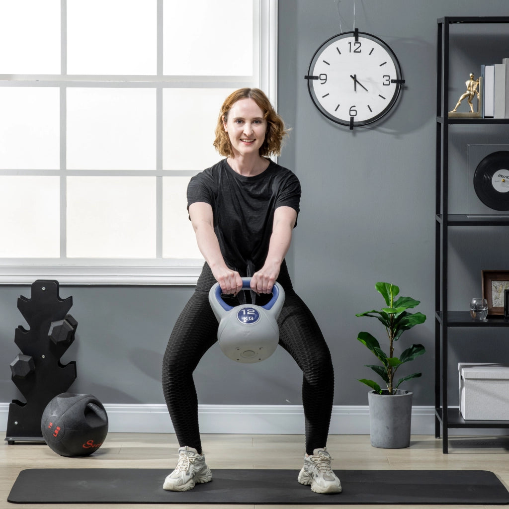 EasyComfort Kettlebell 12kg in PU e Sabbia con Base Piatta e Impugnatura per Stacchi, Squat e Sollevamenti, 24x17x28 cm, Blu