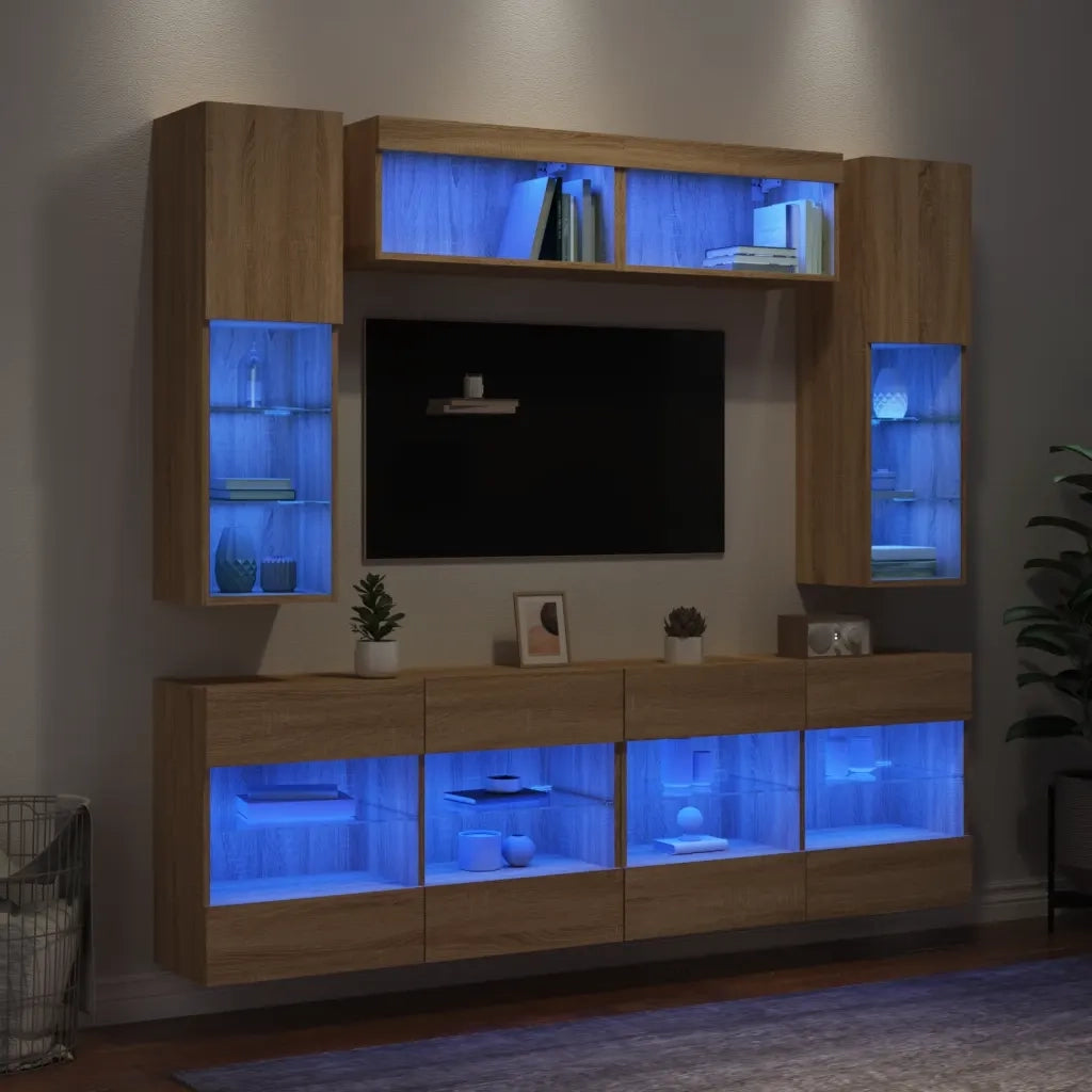 Set Mobili TV a Muro 6 pz con Luci LED Rovere Sonoma