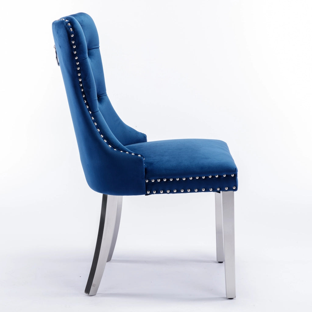 Sedie da Pranzo Imbottite in Velluto ¨C MINIMAL ¨C Set 2 Pezzi, Legno Massello, Gambe Cromate, Blu