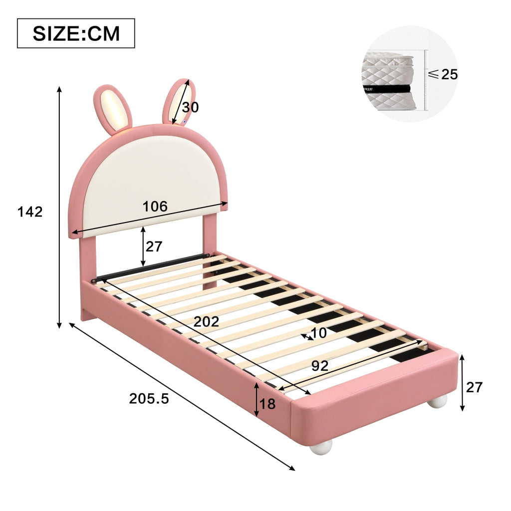 Letto per bambini 90 × 200 cm con testiera a coniglio, LED, bordo anticolpo morbido, senza materasso, rosa