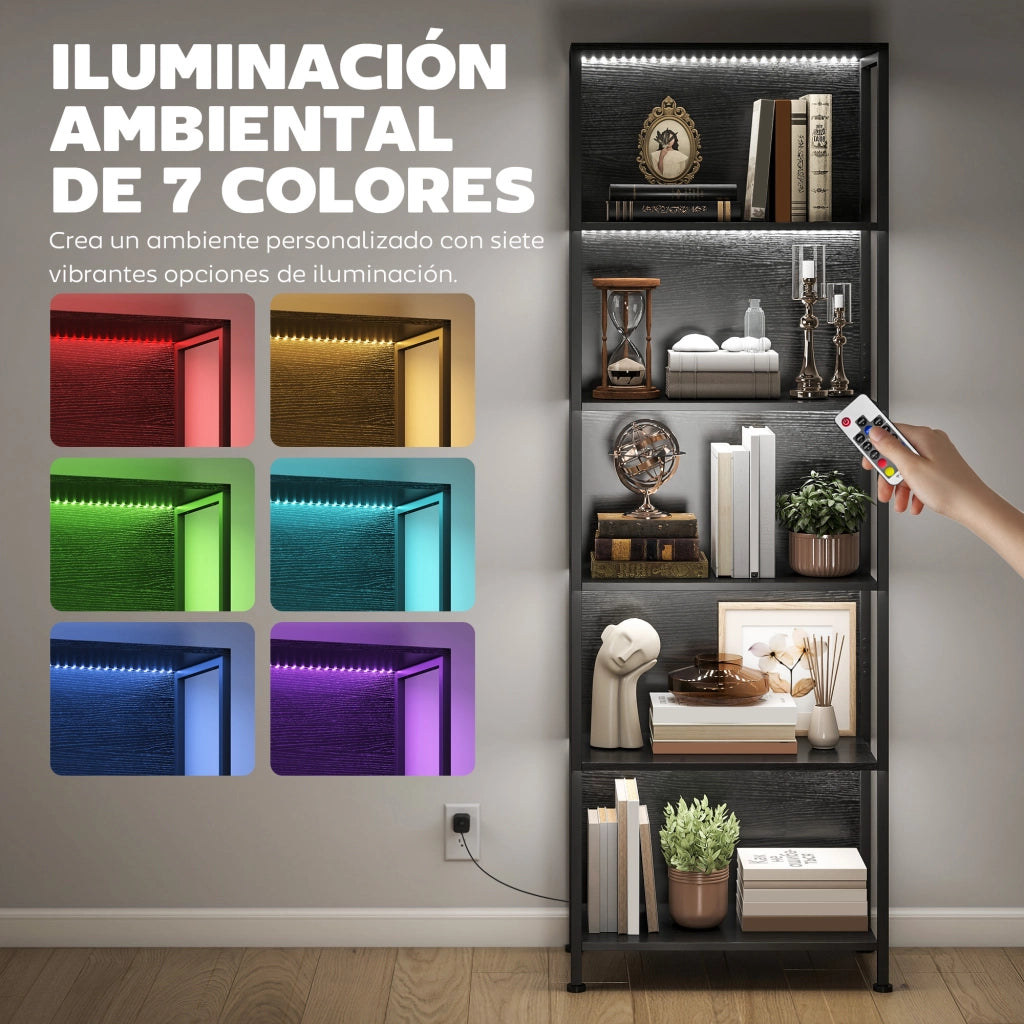Libreria Scaffale 5 Livelli con Luci LED ¨C Zephmum ¨C Nero 60x30x179 cm