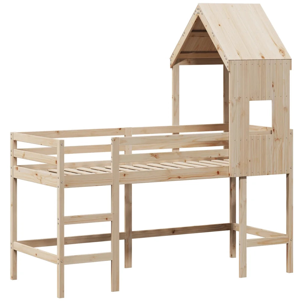 Letto singolo | Letto per adulti | Letto Soppalco con Scala e Tetto 80x200 cm Legno Massello Pino