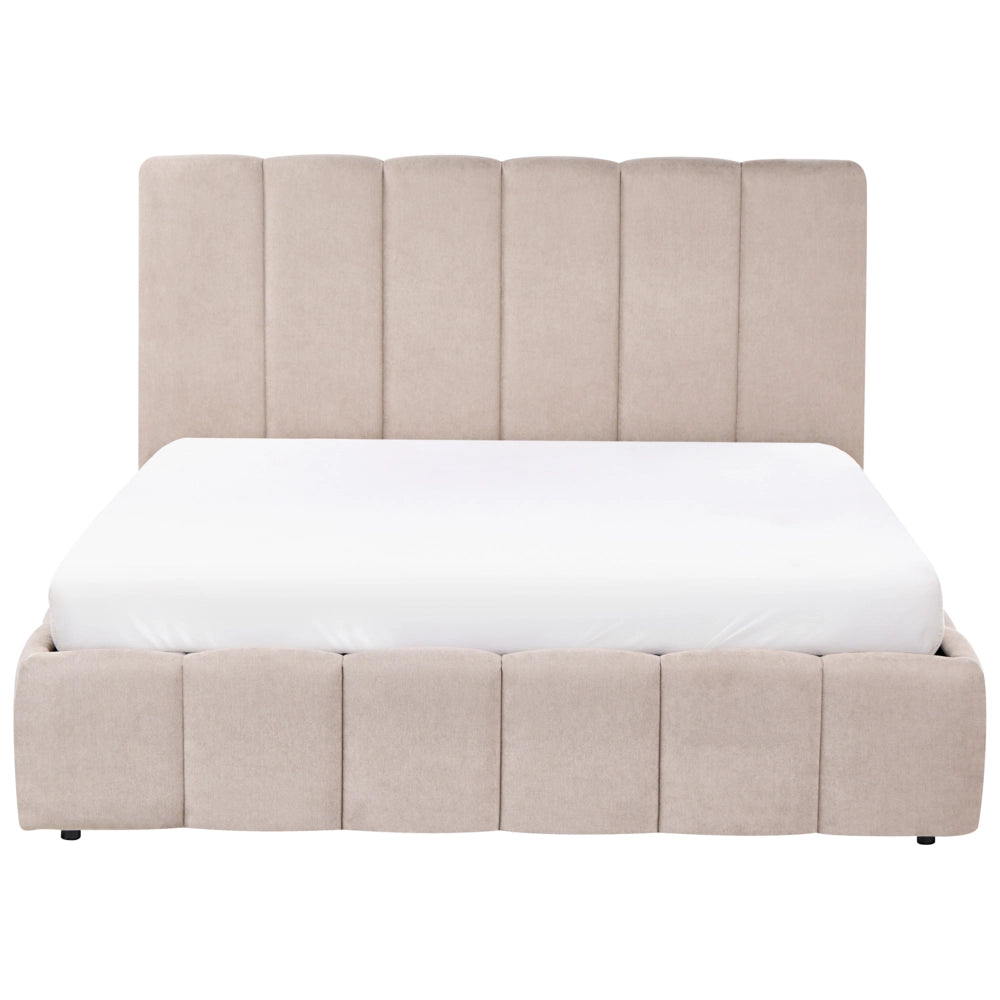 Letto matrimoniale contenitore con trapuntatura verticale in tessuto tortora 160x200 cm struttura sollevabile e testiera alta