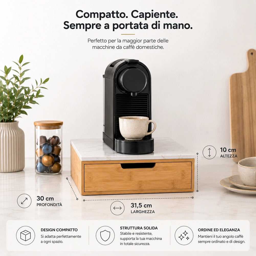 Portacapsule Piano Vetro Effetto Marmo Tortora Portacialde Organizer 31.5x30x10cm