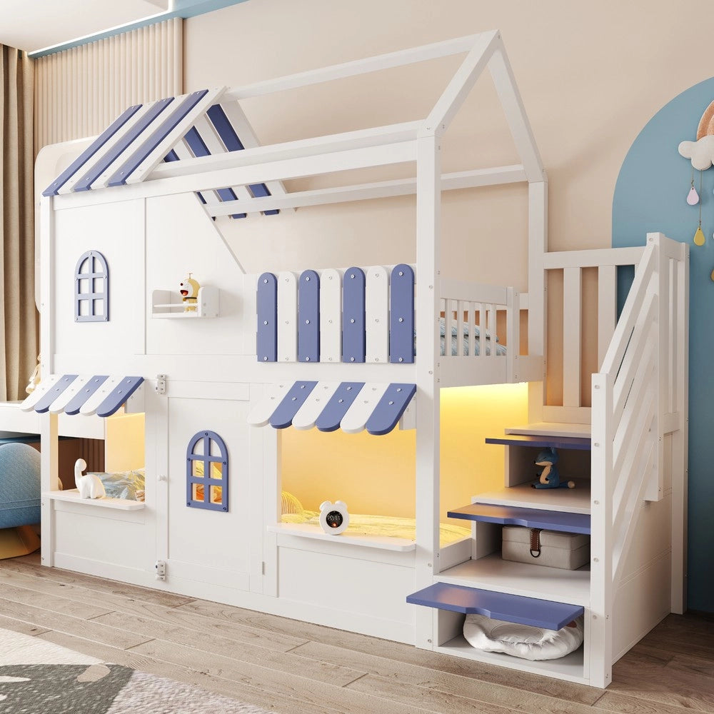 Letto a Castello Bambini Casetta con LED e Scaffale ¨C Xylo ¨C Bianco e Blu 90x200