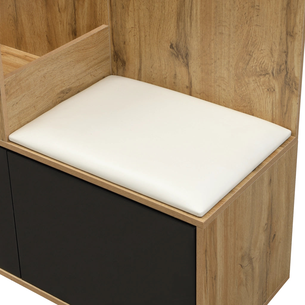 Mobile Ingresso con 5 Ganci; Specchio; 2 Scarpiere e Panca; Stile Moderno; in MDF; Nero e Naturale; 100??38??191 cm