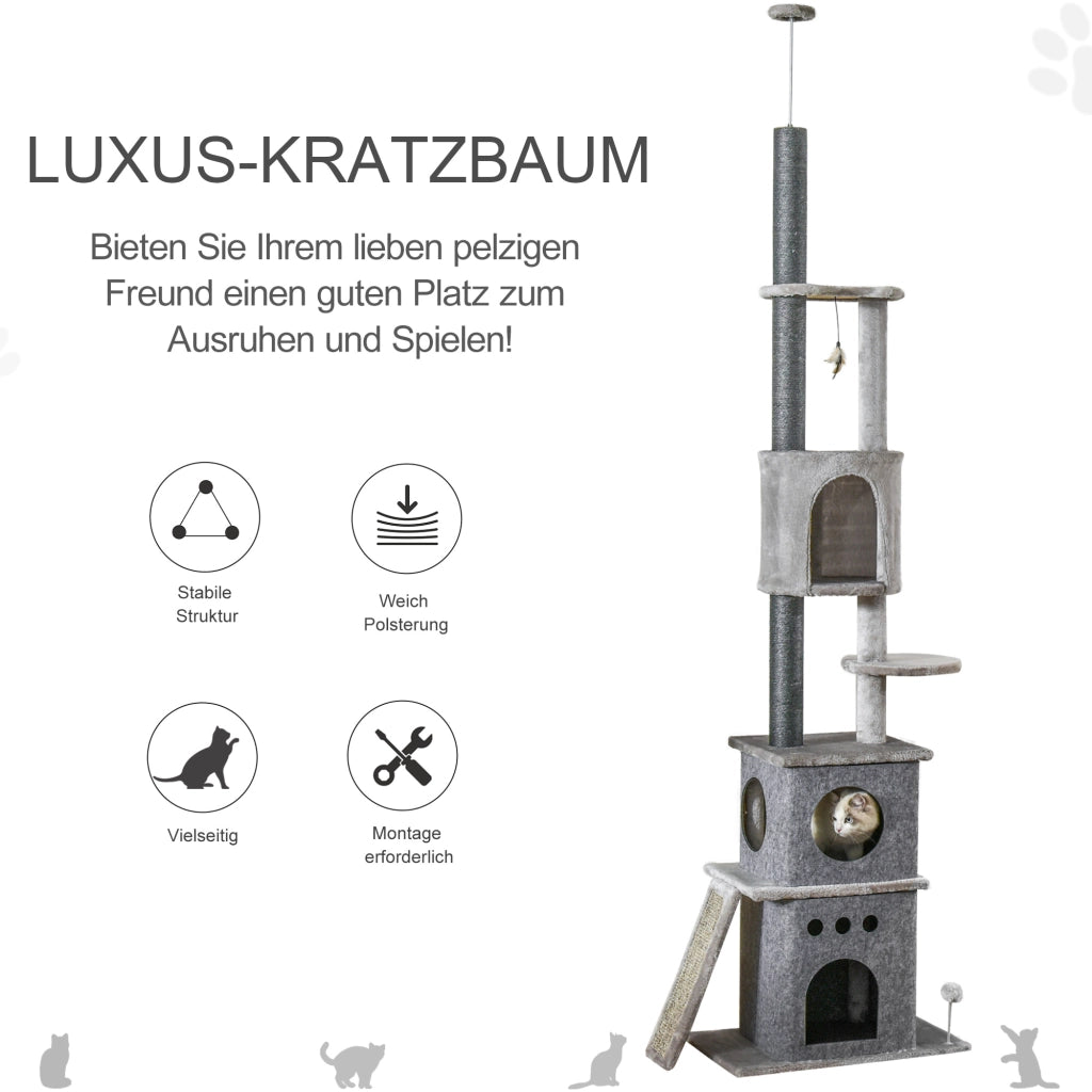 Torre tiragraffi per gatti con 6 livelli e 3 ripiani ¨C zephmum ¨C 225-255 cm regolabile in altezza grigio chiaro