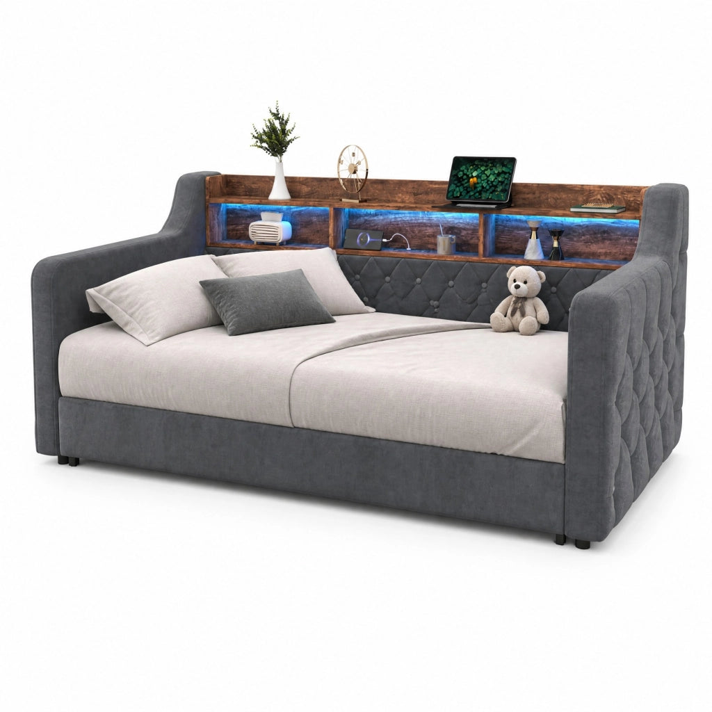 Letto divano estraibile 90x190 cm in velluto grigio scuro con LED; USB-C e vano portaoggetti