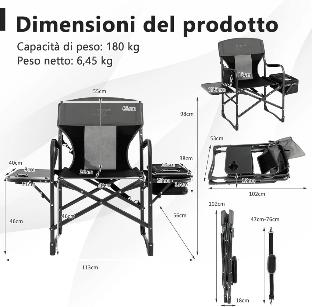 Sedia da Campeggio Pieghevole, Sedia da Regista Robusta con Tavolino, Borsa Frigo, Borsa Portaoggetti e Cinghia, Portata 180 kg, per Campeggio Escursione Pesca Picnic (Nero)