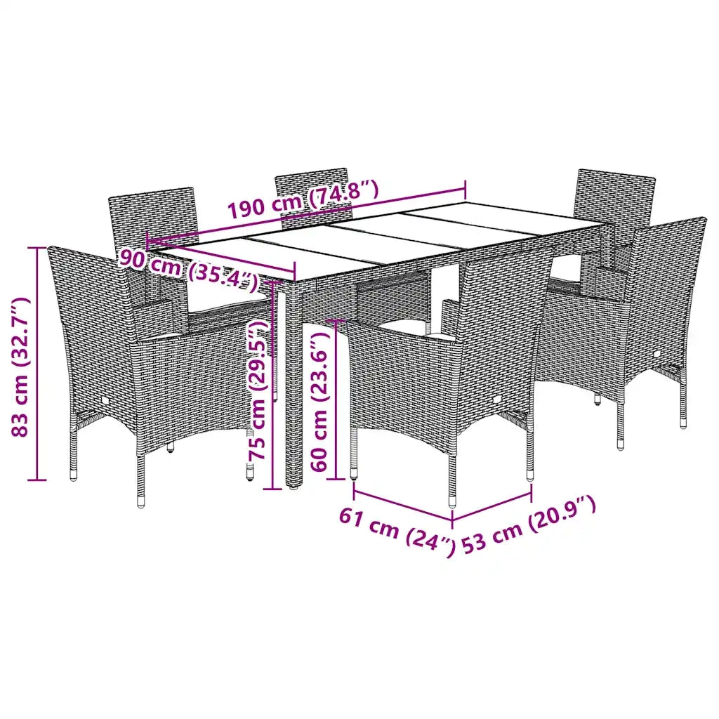 Set Pranzo Giardino 7 pz Cuscini Grigio Chiaro Polyrattan Vetro