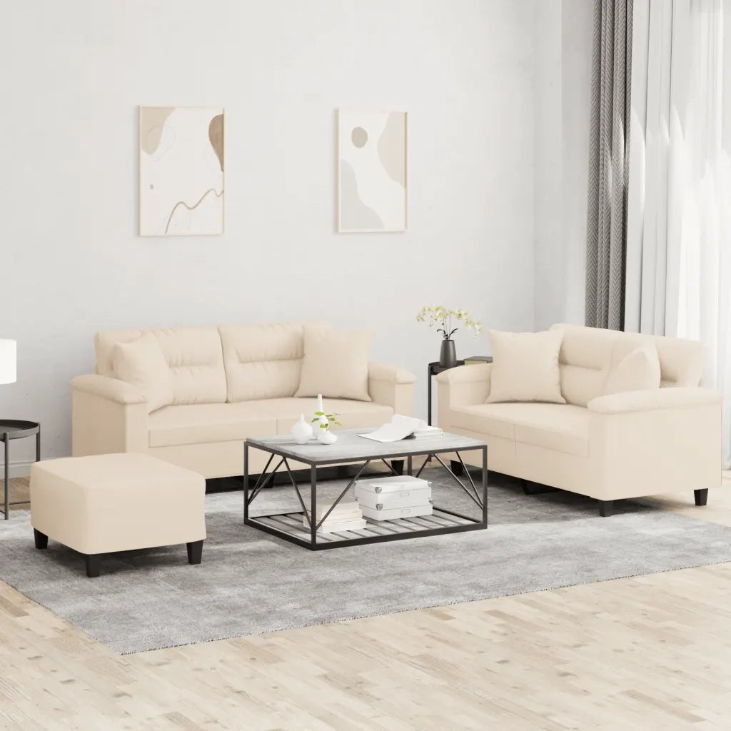 Set Divani 3 pz con Cuscini Beige in Tessuto Microfibra