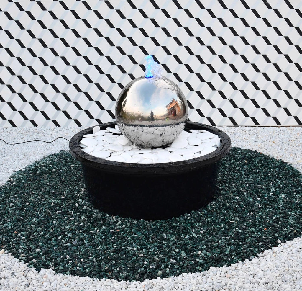 Sfera Cascata Artificiale da Giardino con LED Ø30 cm in Acciaio Inox con Pompa