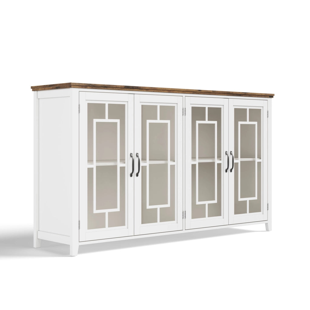Credenza con 2 ante in vetro e 2 vani contenitore, piano effetto legno per cucina e soggiorno, bianca 160 × 40 × 86 cm