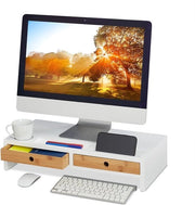 Monitorstandaard con spazio di stoccaggio 2 slot - 12 x 56 x 27 cm - bambù e MDF - bianco/natura