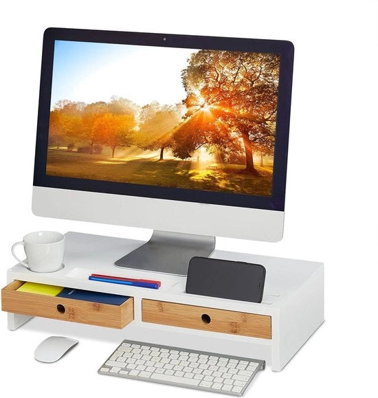 Monitorstandaard con spazio di stoccaggio 2 slot - 12 x 56 x 27 cm - bambù e MDF - bianco/natura