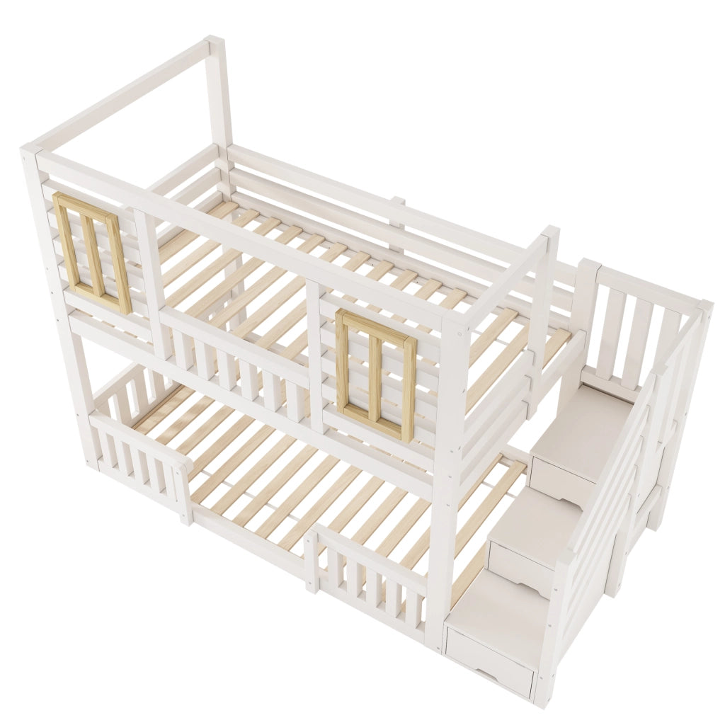 Letto a castello per bambini, 90 x 200 cm, con contenitore, sponde di sicurezza, bianco