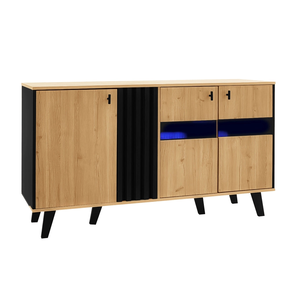 Credenza grande in legno e nero - Zephmum- 140x78,5x41 cm, LED, vetro, design coordinato
