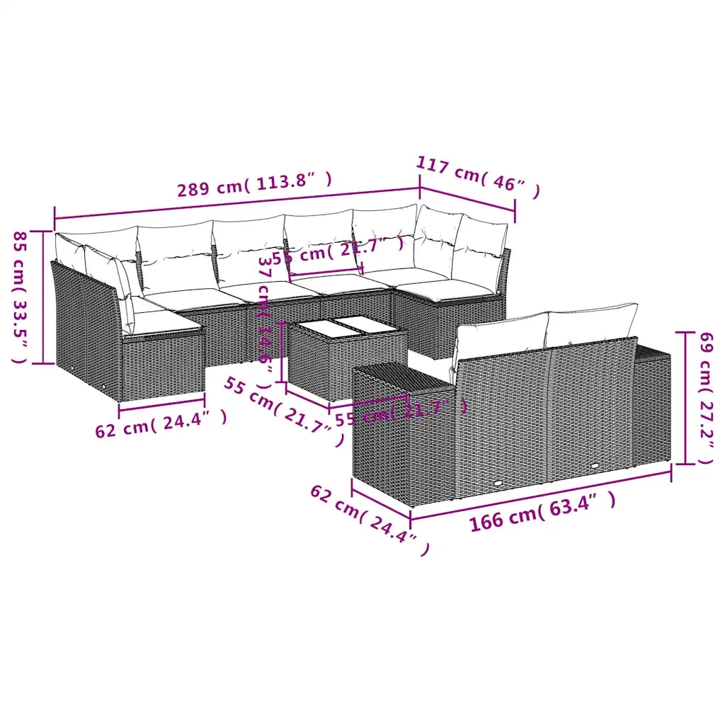 Set Divani da Giardino 10 pz con Cuscini Grigio in Polyrattan 3223030