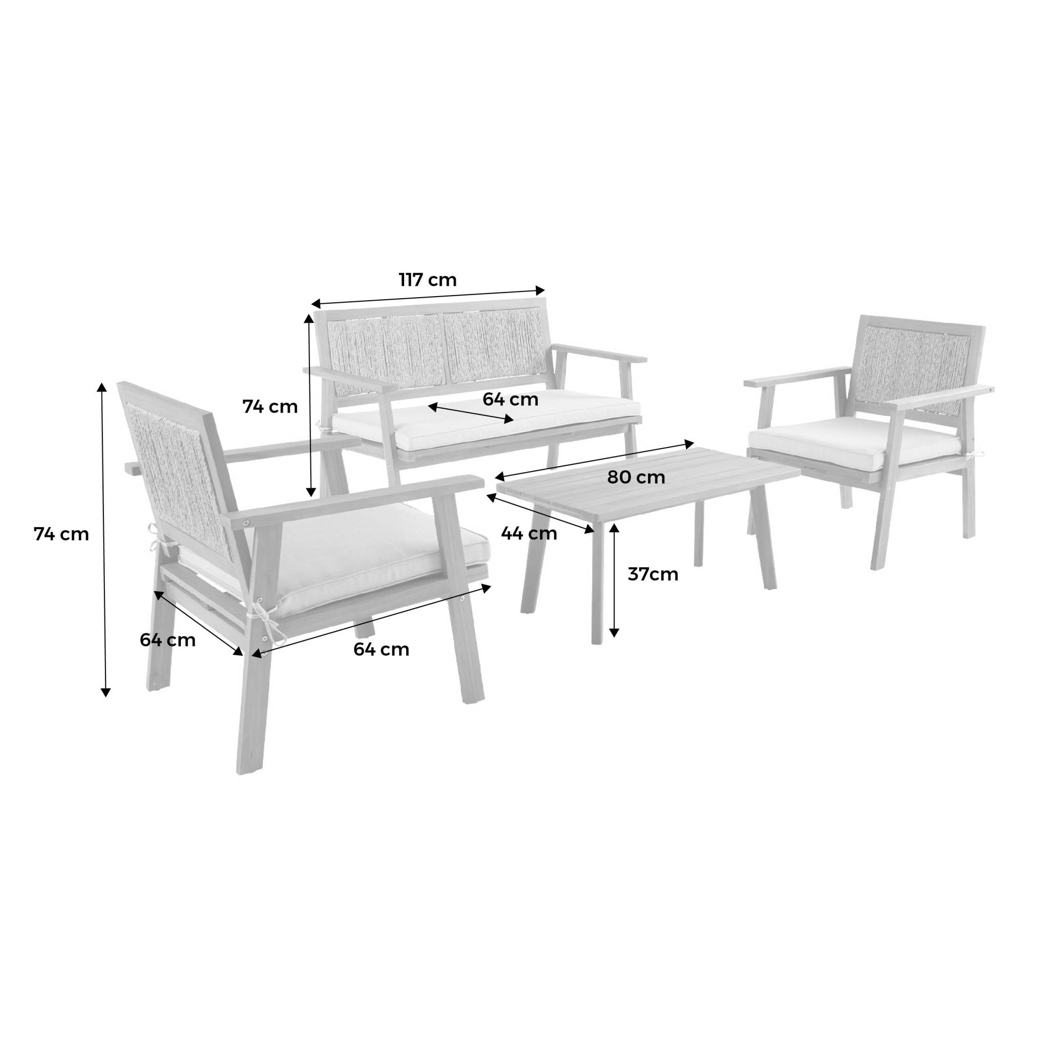 Salotto da giardino con corde verticali, 4 posti, marrone naturale