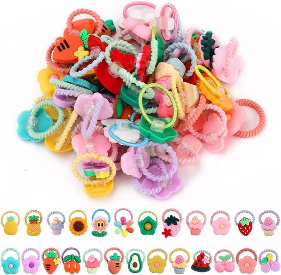 Set di 50 pezzi di elastici per capelli per bambine, elastici per capelli colorati con disegno cartoon per ragazze piccine