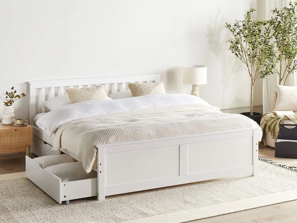 Letto matrimoniale Legno di Pino bianco con Rete a Doghe con 4 cassetti 160 x 200 cm  testiera a doghe minimalista