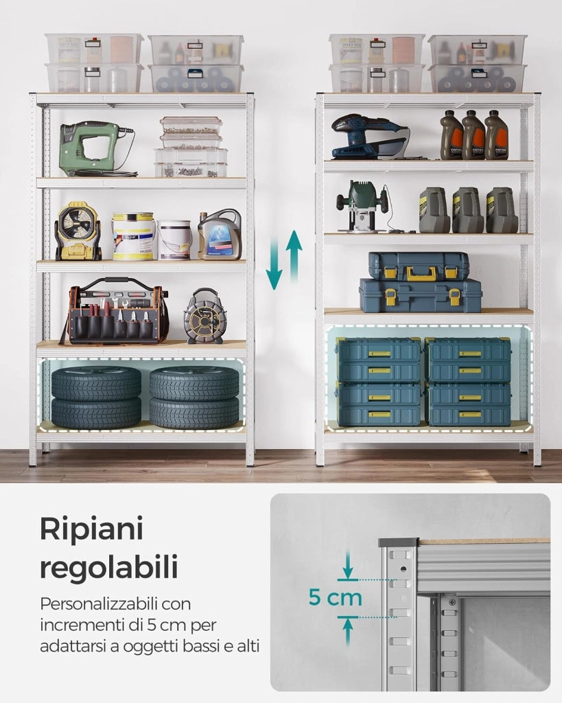 SONGMICS Scaffalatura a 5 Ripiani, Scaffale in Acciaio, Montaggio Senza Viti, Utensili, Strumenti in Garage, Magazzino, Ripostiglio, Portante 750 kg, 60 x 120 x 200 cm, Argento GLR060E01