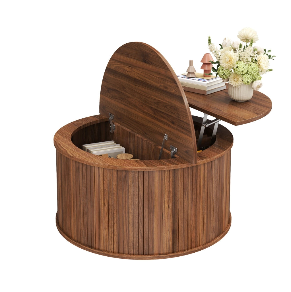 Tavolino da caffè rotondo in MDF con vano contenitore e piano regolabile; noce