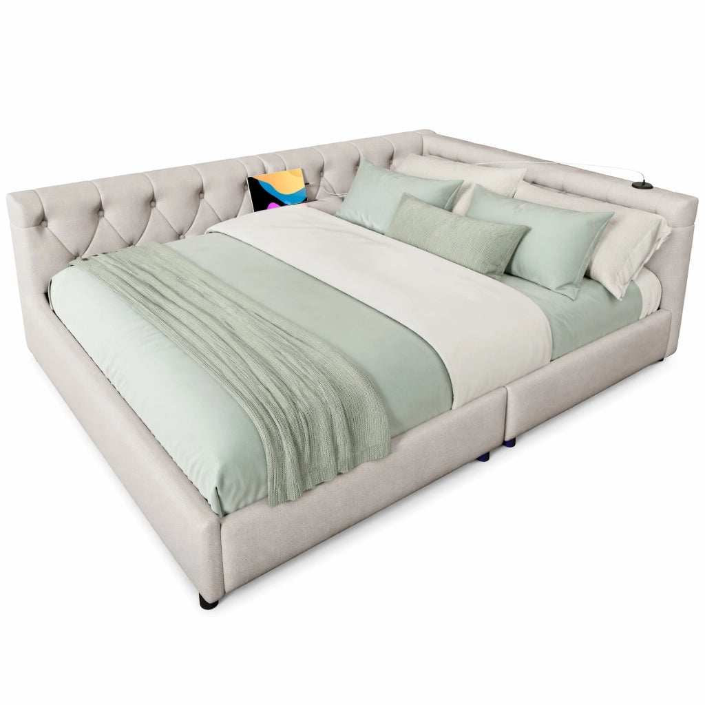 Divano letto 140x200 cm in lino con LED; USB e Type-C; beige