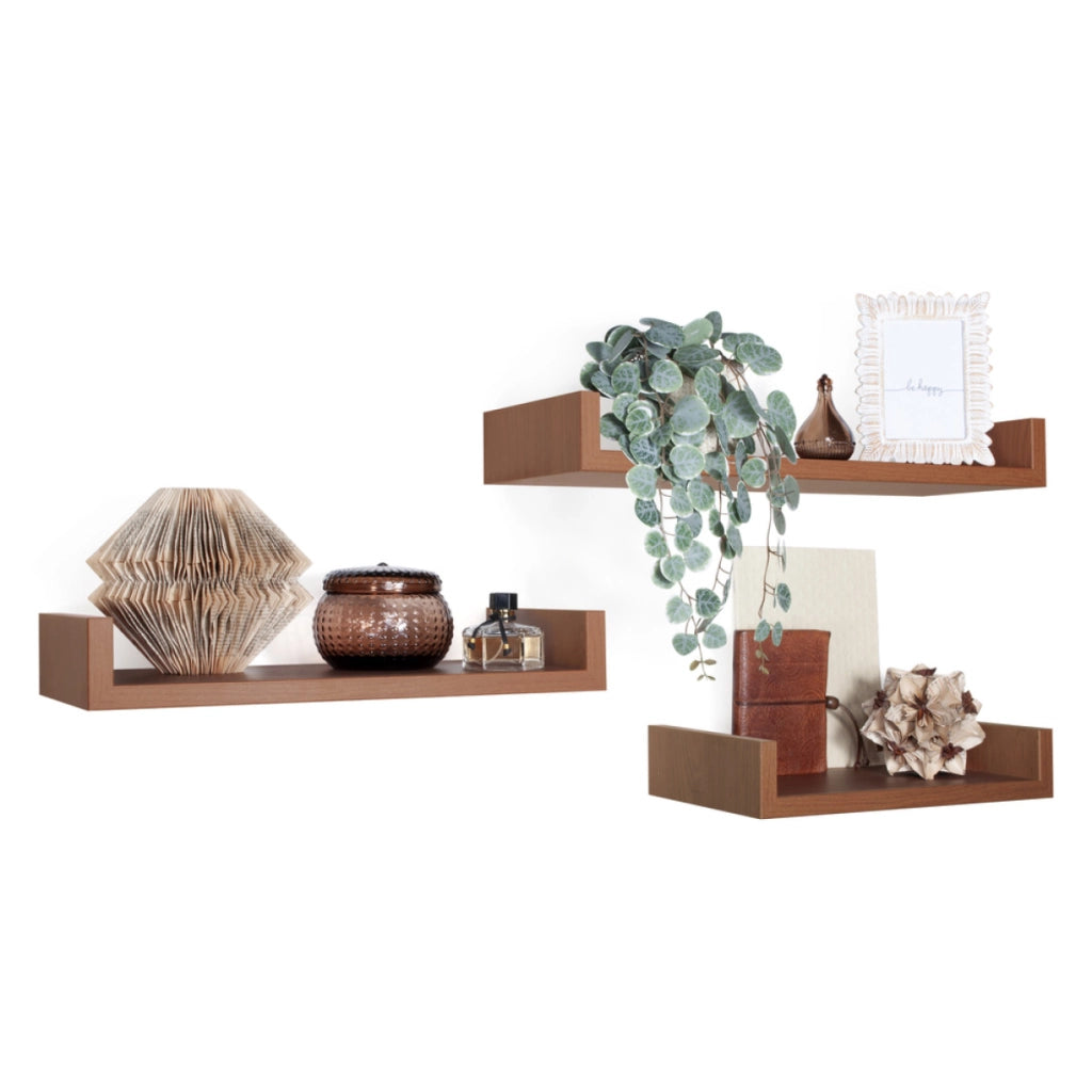 Set di 3 Mensole da Muro Modello CALAMITA MAXI, Mensole Muro Design, Mensola da Parete. Misure 60x8 p23.7 cm, 50x8 p23.7 cm e 40x8 p23.7 cm. Finitura   CILIEGIO - MADE IN ITALY