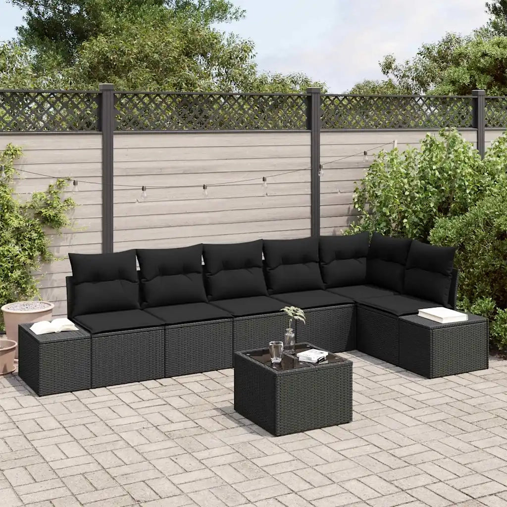Set Divano da Giardino con cuscino 7 pcs Nero polyrattan
