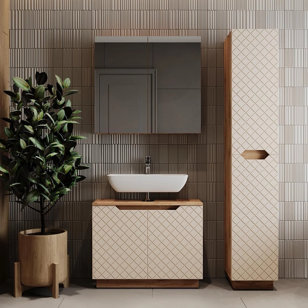 Set di mobili da bagno Lotta, Rovere/cashmere con struttura in piastrelle, 3 parti