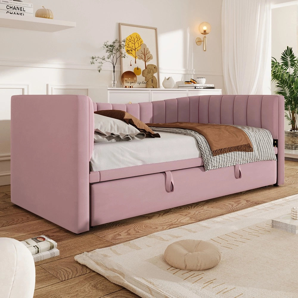 Letto Imbottito con Estraibile 90x200 cm ¨C MINIMAL ¨C Velluto Rosa, Singolo/Matrimoniale