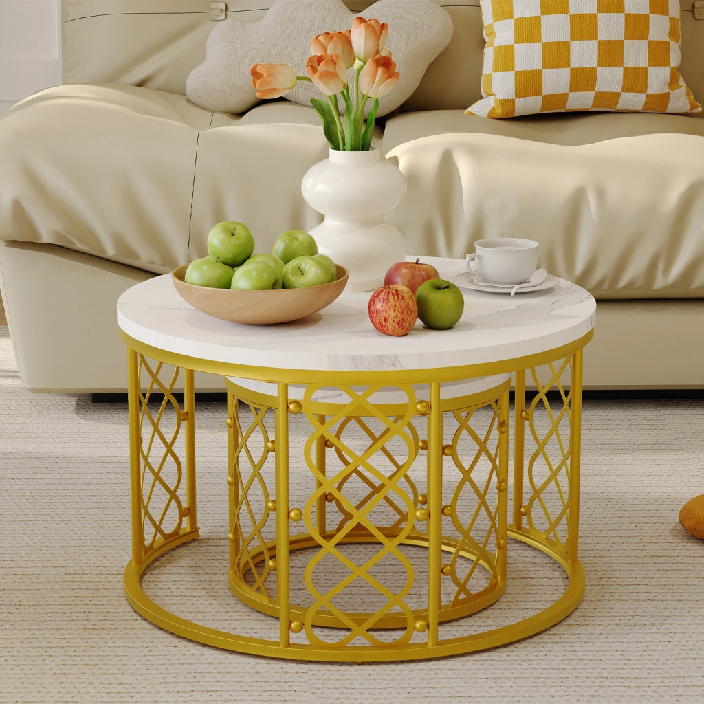 TAVOLINI DA CAFFÈ Set 2 Pezzi 70x70x45 cm Effetto Marmo Bianco con Struttura Color Oro