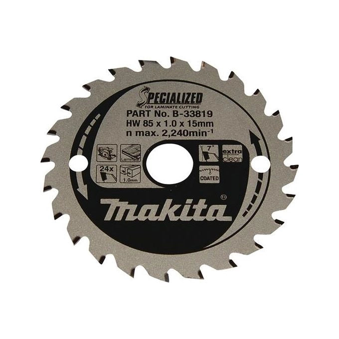 Makita B-33819 Specialized Lama per Sega Circolare 85 mm Foro 15 mm 24 Denti TCT per Laminato MDF Truciolare