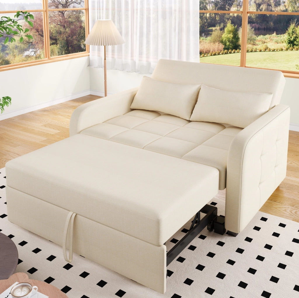 Divano letto pieghevole beige con schienale regolabile e due cuscini per ambienti compatti