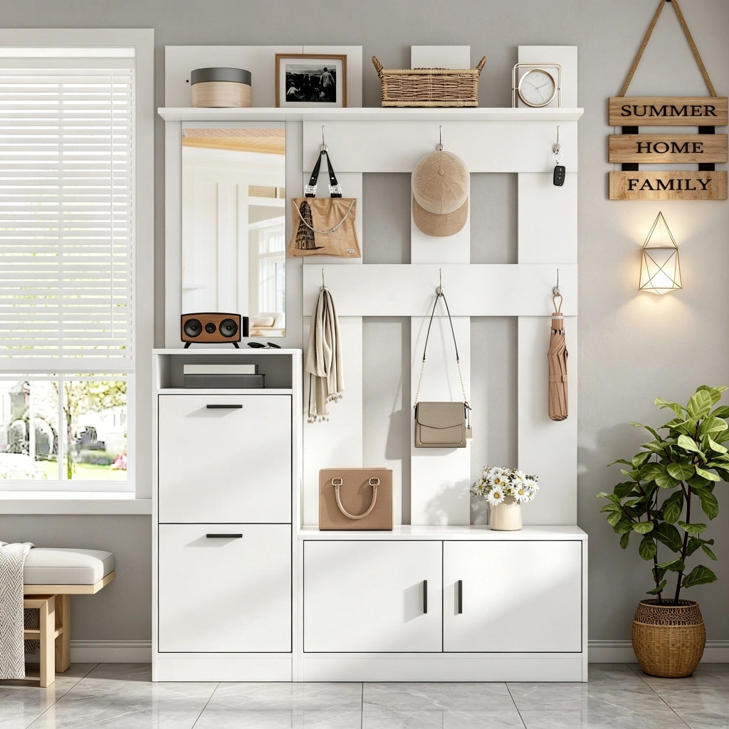 Mobile ingresso con 2 ante; 2 ribalte; 6 ganci e specchio; per ingresso; bianco; 120 × 30 × 180 cm